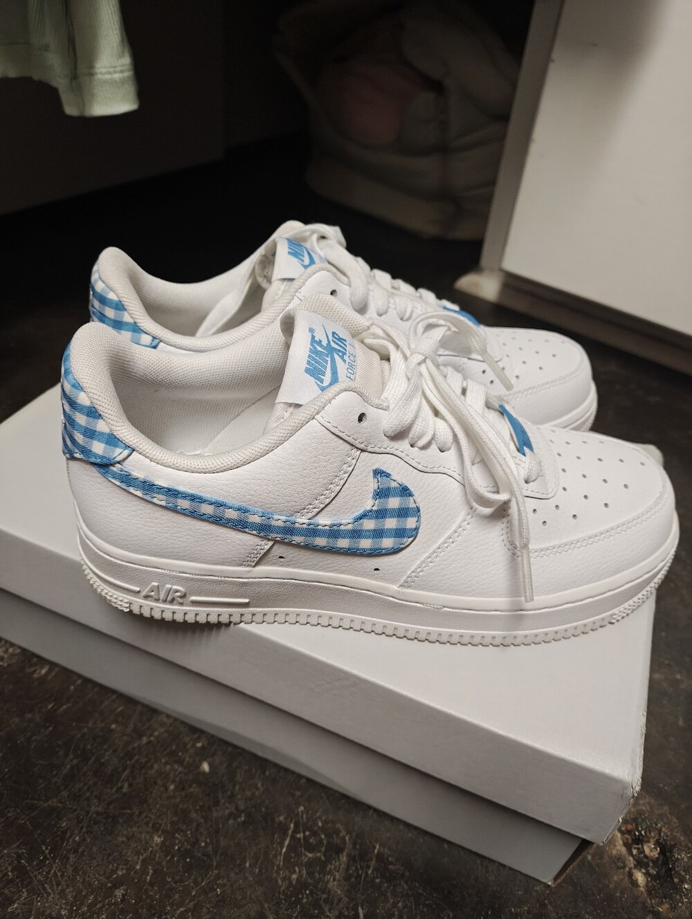 Nike White Sneakers with Blue Gingham Swoosh